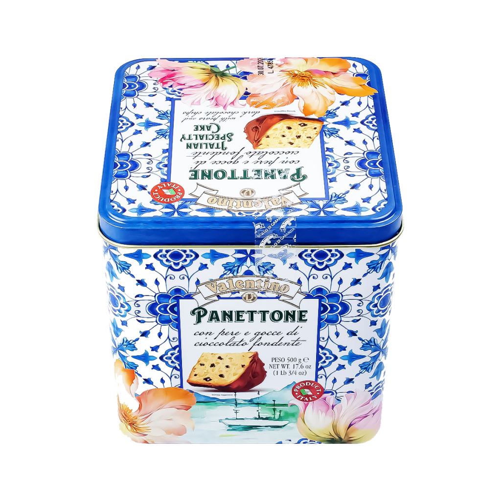 Թխվածքաբլիթ Valentino Panettone Pear/Chocolate 500գր թիթեղյա տուփ
